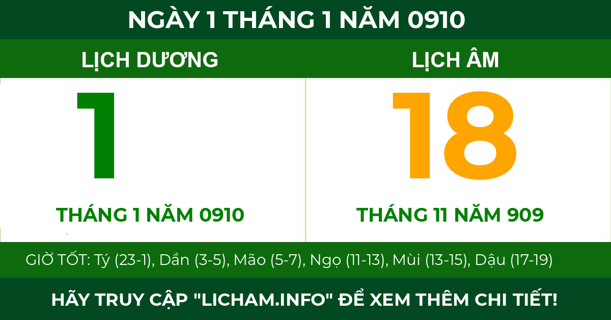lịch âm ngày 1 tháng 1 năm 0910