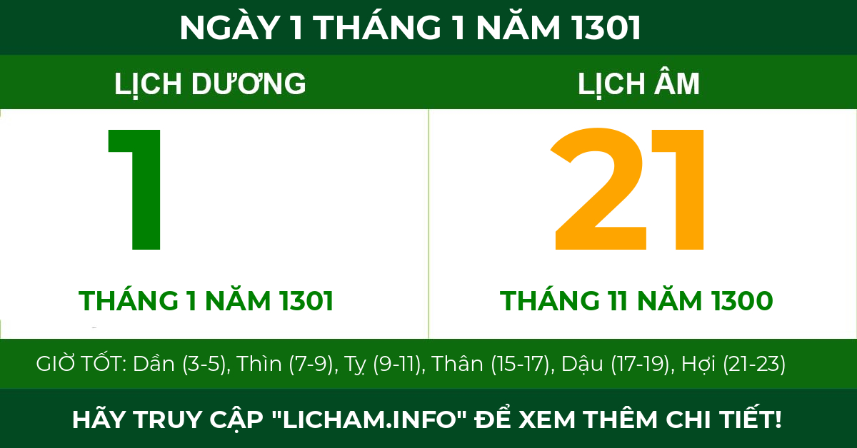 lịch âm ngày 1 tháng 1 năm 1301