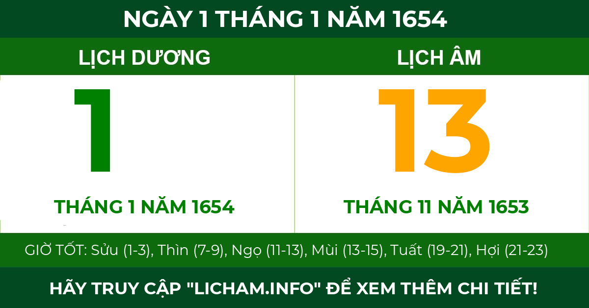 lịch âm ngày 1 tháng 1 năm 1654