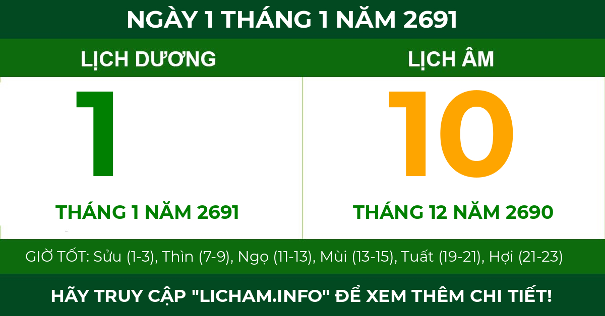 lịch âm ngày 1 tháng 1 năm 2691