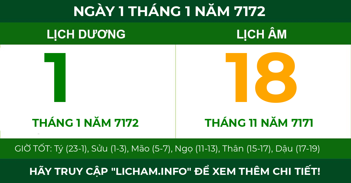 lịch âm ngày 1 tháng 1 năm 7172