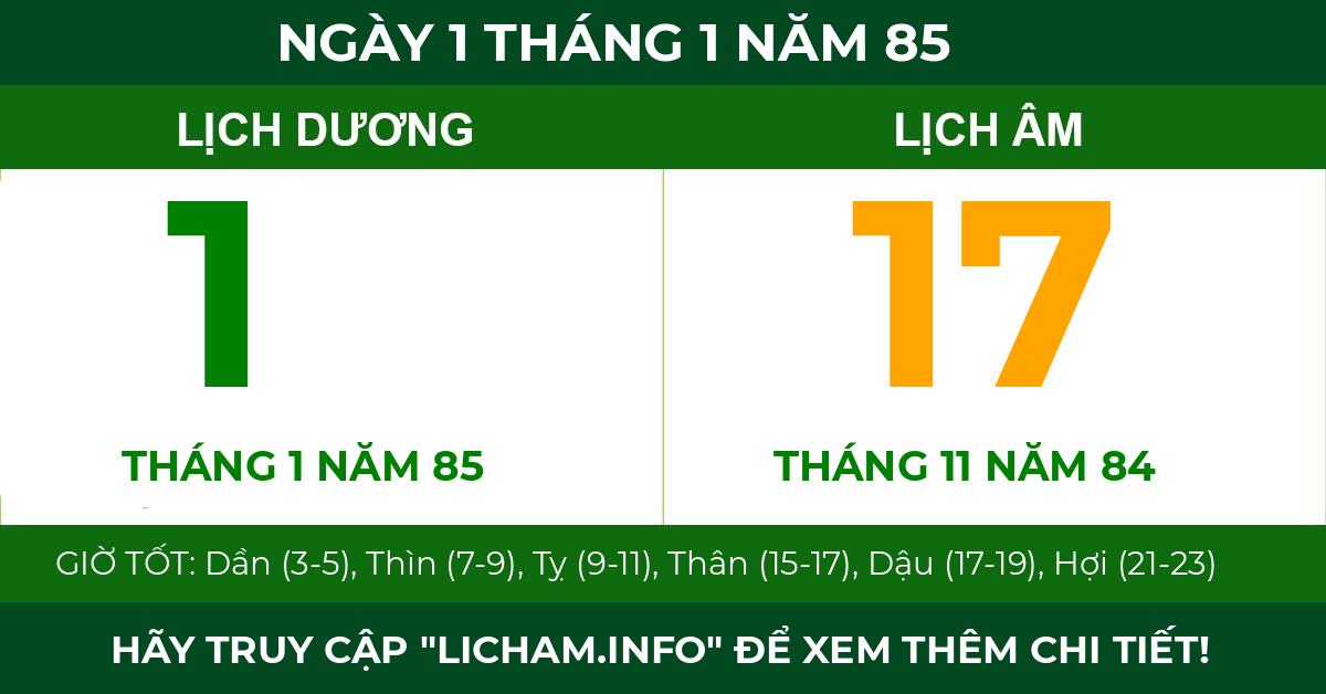 lịch âm ngày 1 tháng 1 năm 85