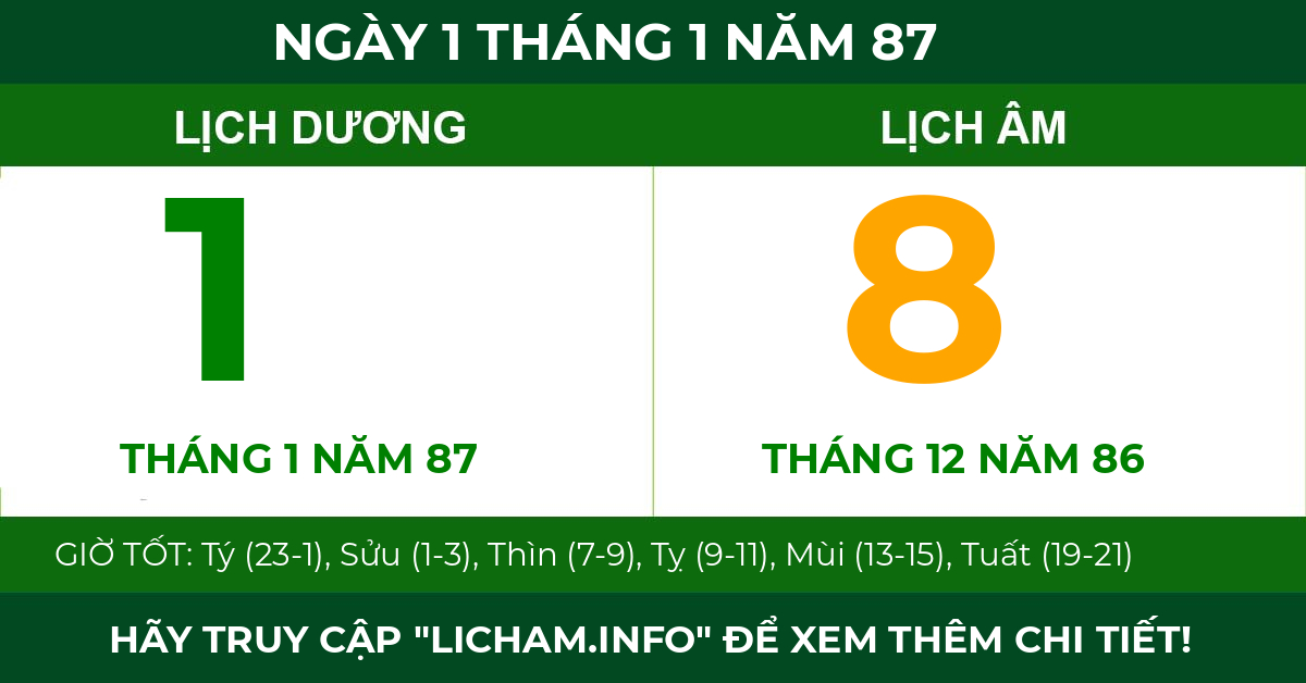 lịch âm ngày 1 tháng 1 năm 87