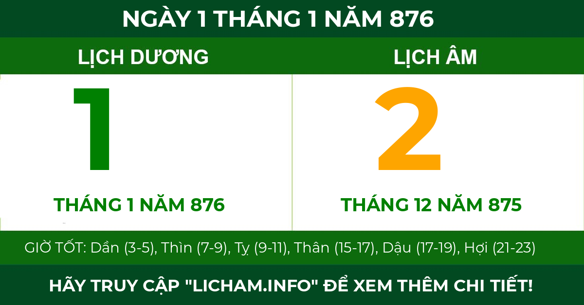 lịch âm ngày 1 tháng 1 năm 876
