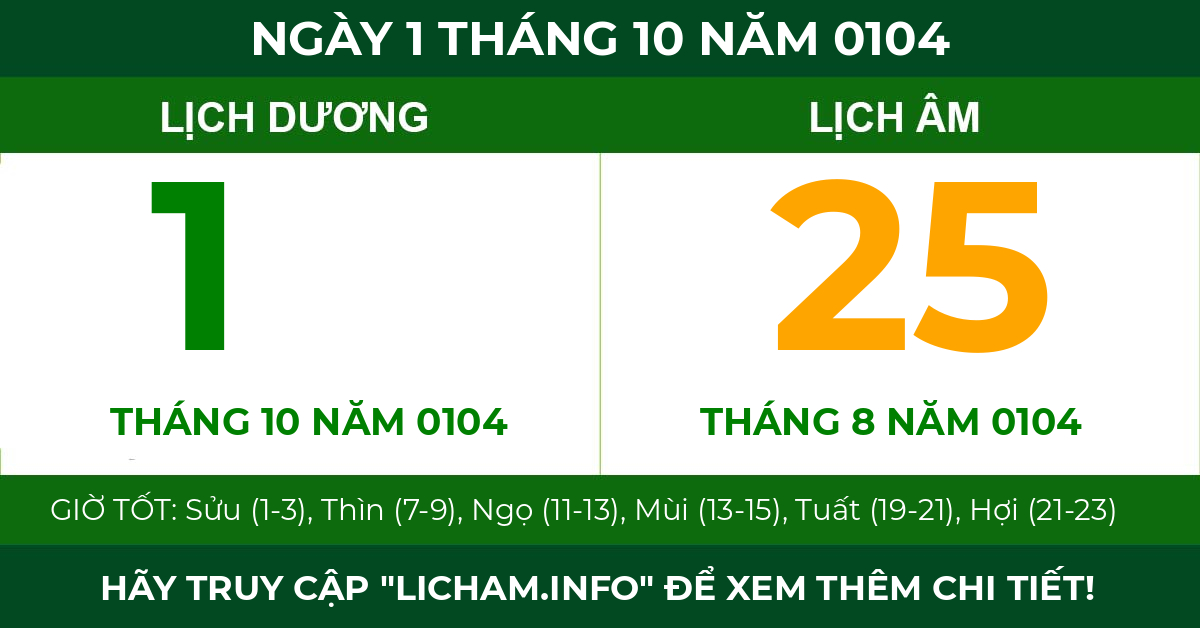 lịch âm ngày 1 tháng 10 năm 0104