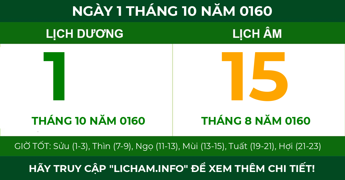 lịch âm ngày 1 tháng 10 năm 0160
