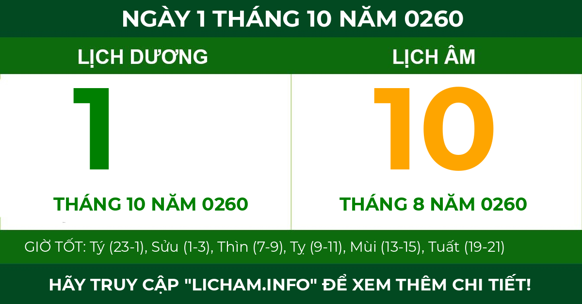 lịch âm ngày 1 tháng 10 năm 0260