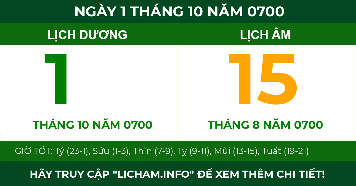 lịch âm ngày 1 tháng 10 năm 0700