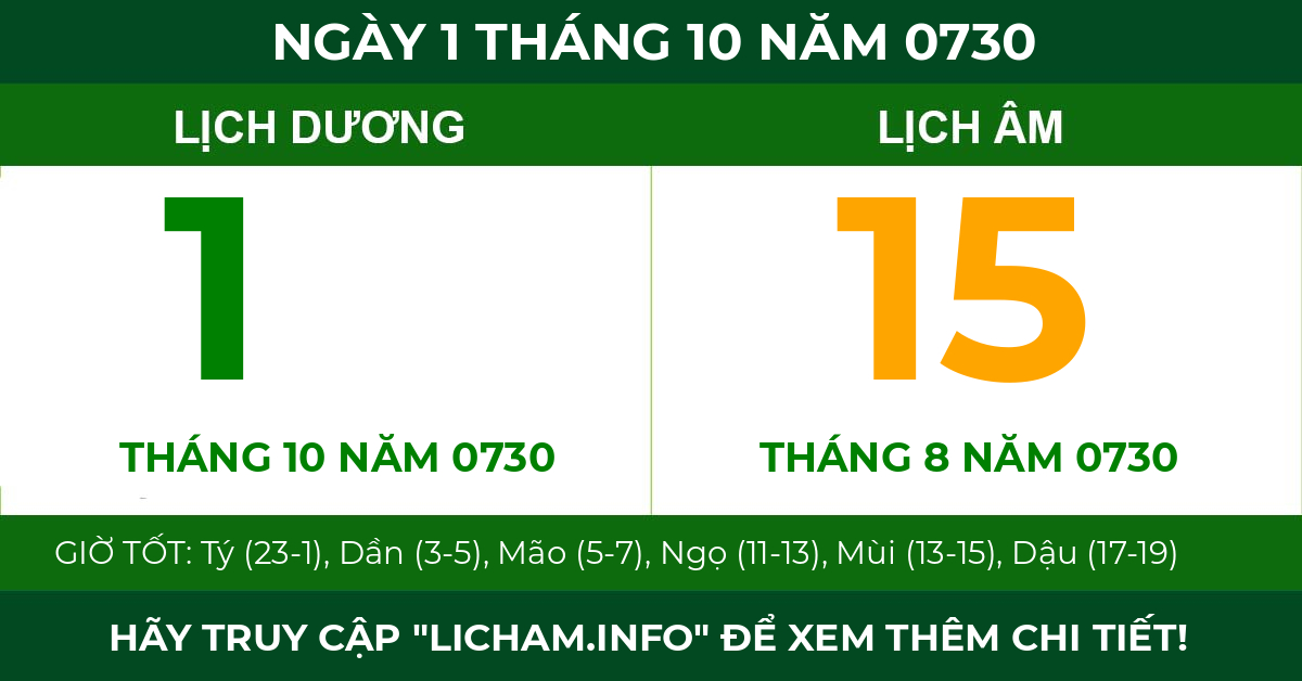 lịch âm ngày 1 tháng 10 năm 0730