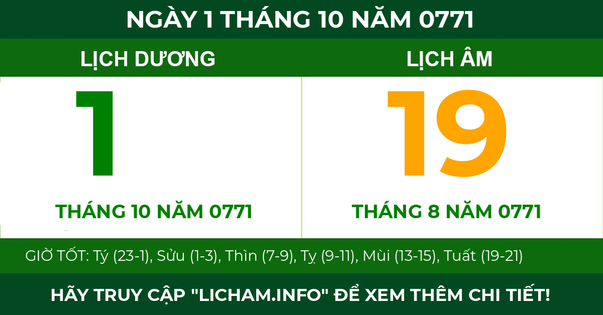 lịch âm ngày 1 tháng 10 năm 0771