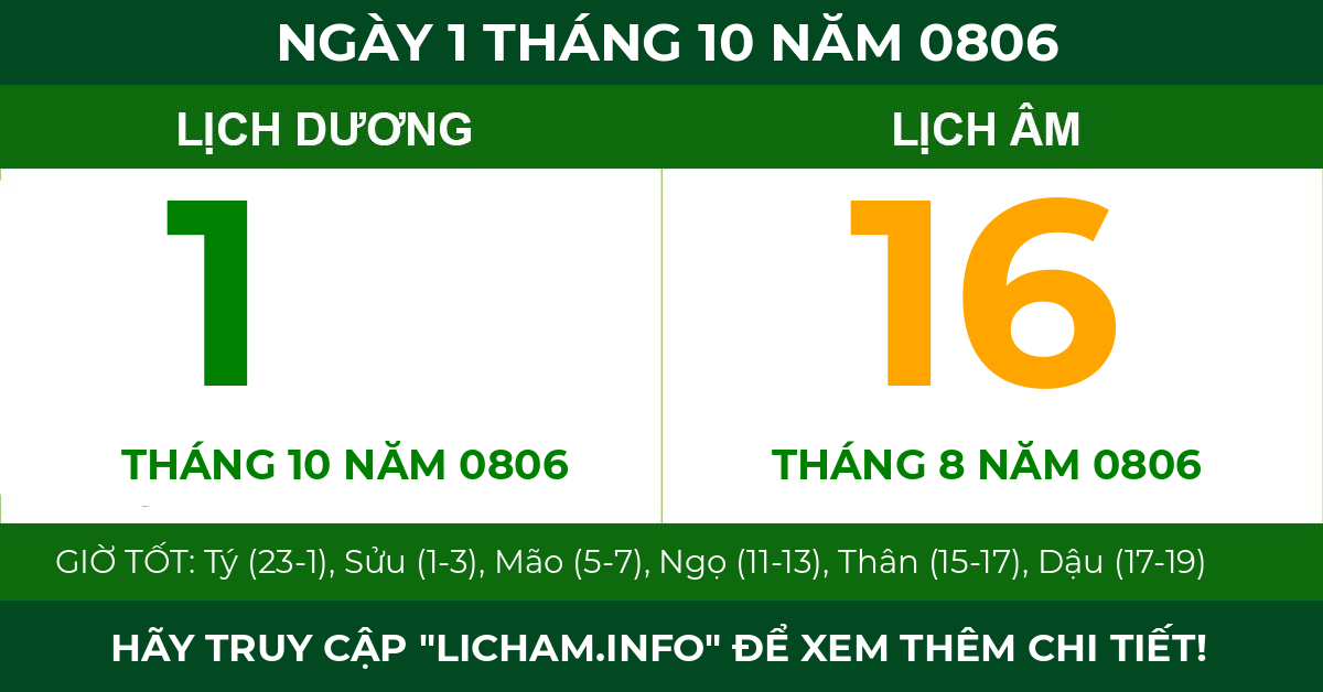 lịch âm ngày 1 tháng 10 năm 0806