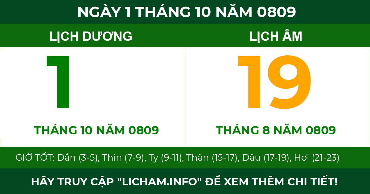 lịch âm ngày 1 tháng 10 năm 0809