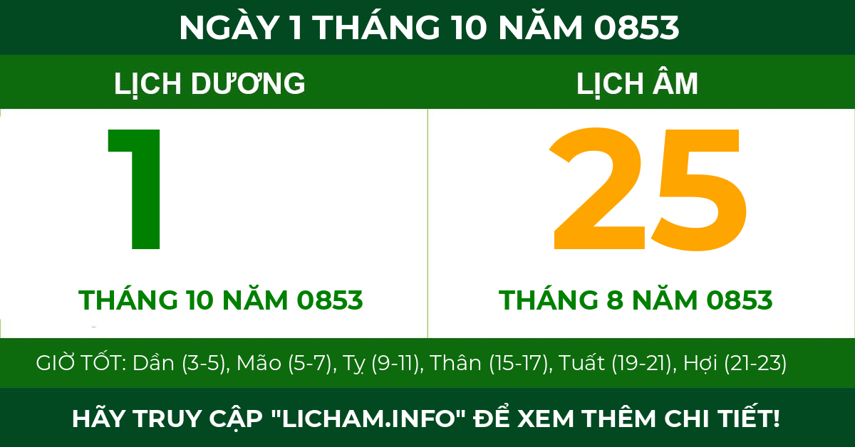 lịch âm ngày 1 tháng 10 năm 0853