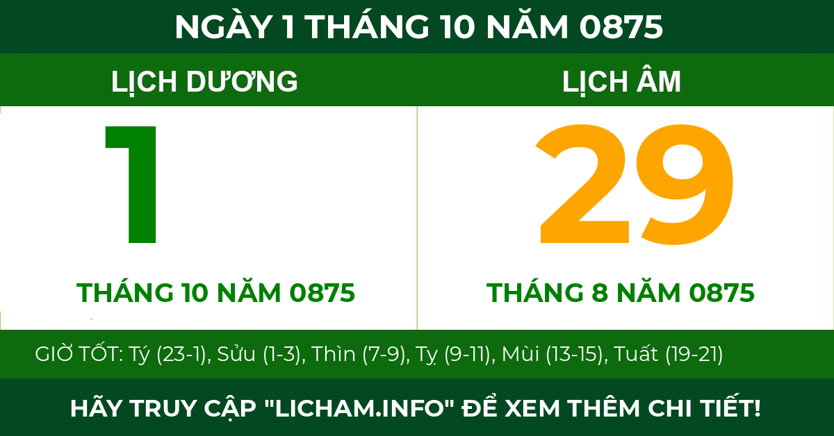 lịch âm ngày 1 tháng 10 năm 0875