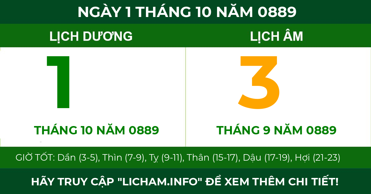 lịch âm ngày 1 tháng 10 năm 0889