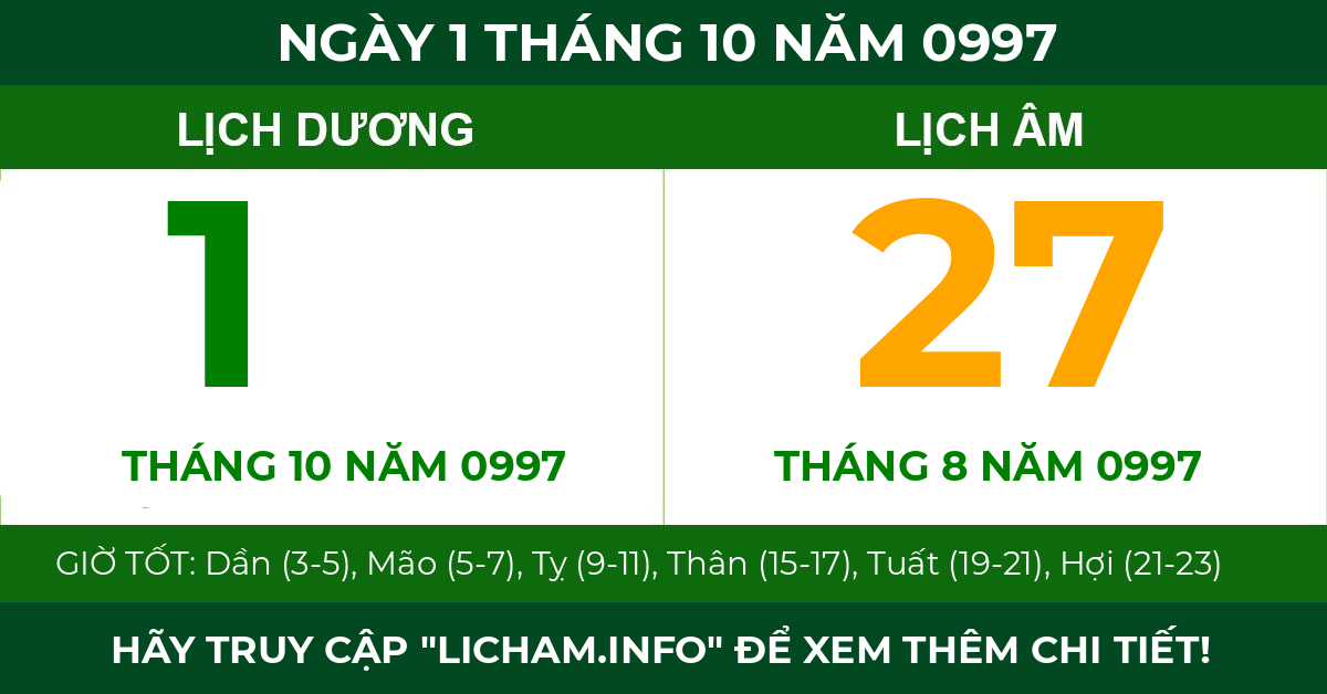 lịch âm ngày 1 tháng 10 năm 0997