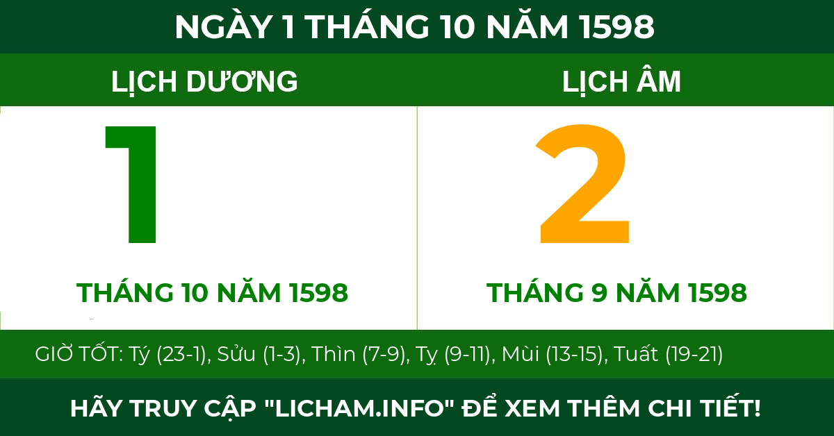 lịch âm ngày 1 tháng 10 năm 1598