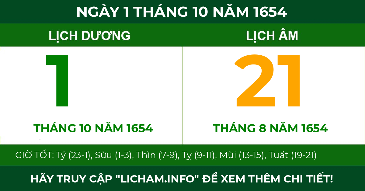 lịch âm ngày 1 tháng 10 năm 1654