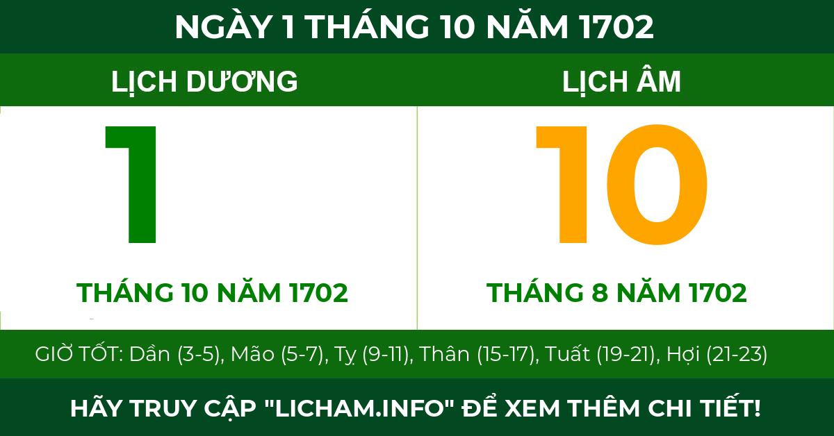 lịch âm ngày 1 tháng 10 năm 1702