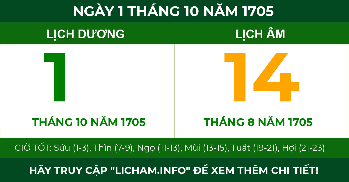 lịch âm ngày 1 tháng 10 năm 1705