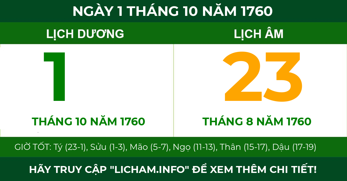 lịch âm ngày 1 tháng 10 năm 1760