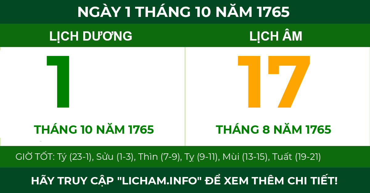 lịch âm ngày 1 tháng 10 năm 1765