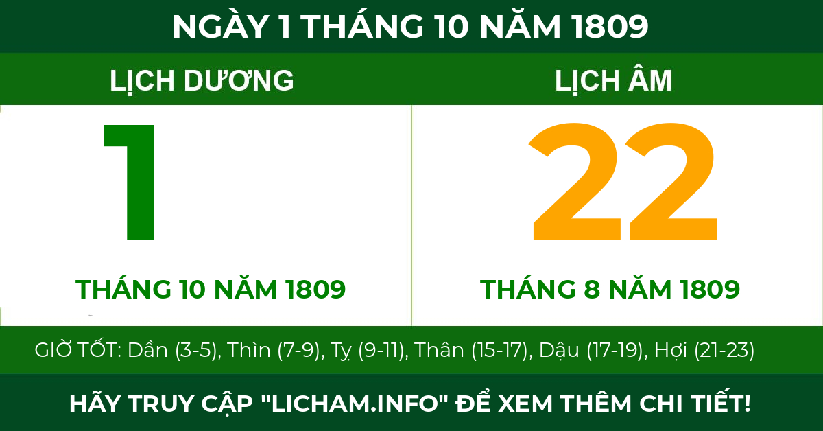 lịch âm ngày 1 tháng 10 năm 1809