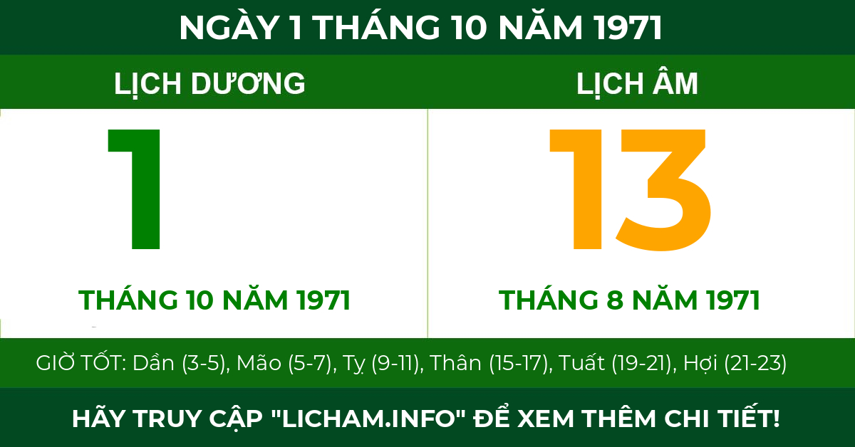 lịch âm ngày 1 tháng 10 năm 1971