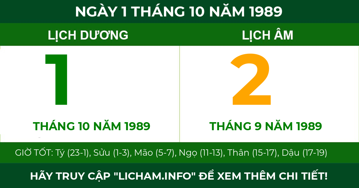 lịch âm ngày 1 tháng 10 năm 1989