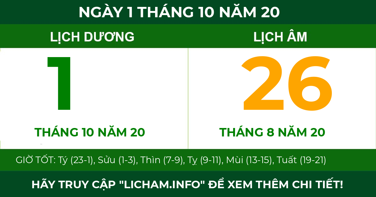 lịch âm ngày 1 tháng 10 năm 20