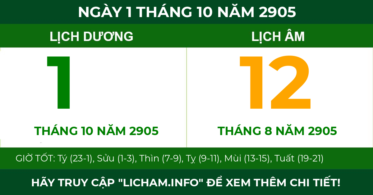 lịch âm ngày 1 tháng 10 năm 2905