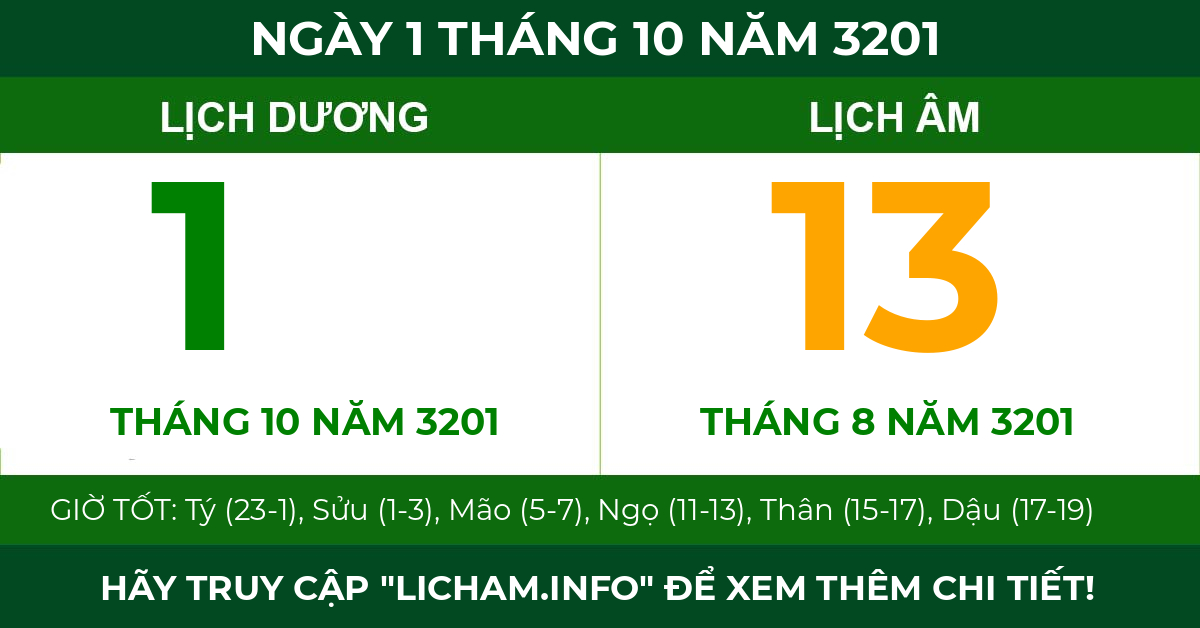 lịch âm ngày 1 tháng 10 năm 3201