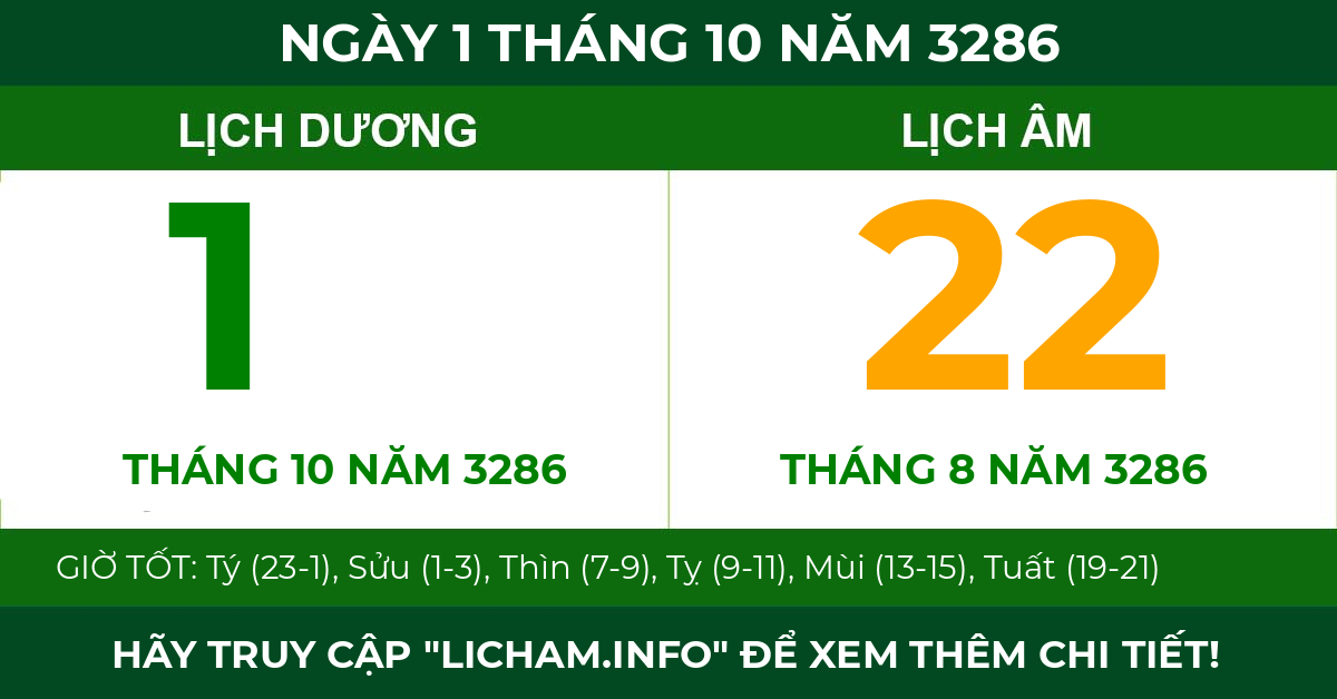 lịch âm ngày 1 tháng 10 năm 3286
