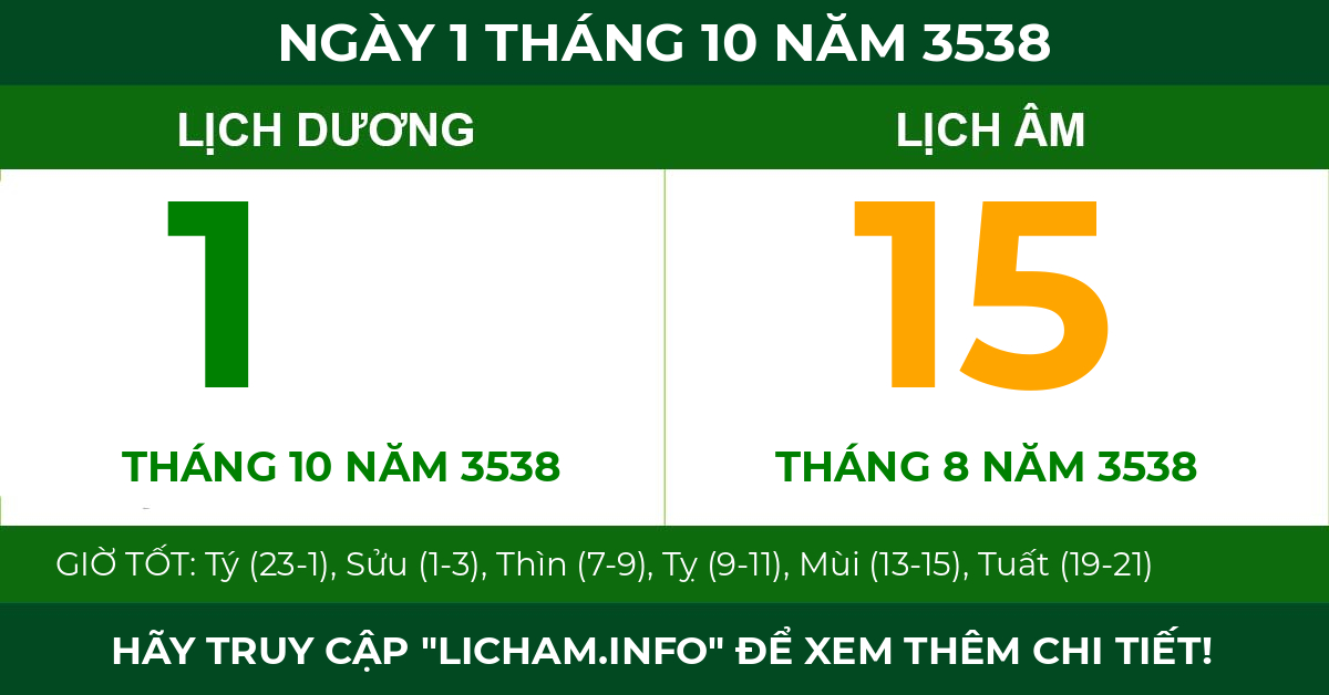 lịch âm ngày 1 tháng 10 năm 3538