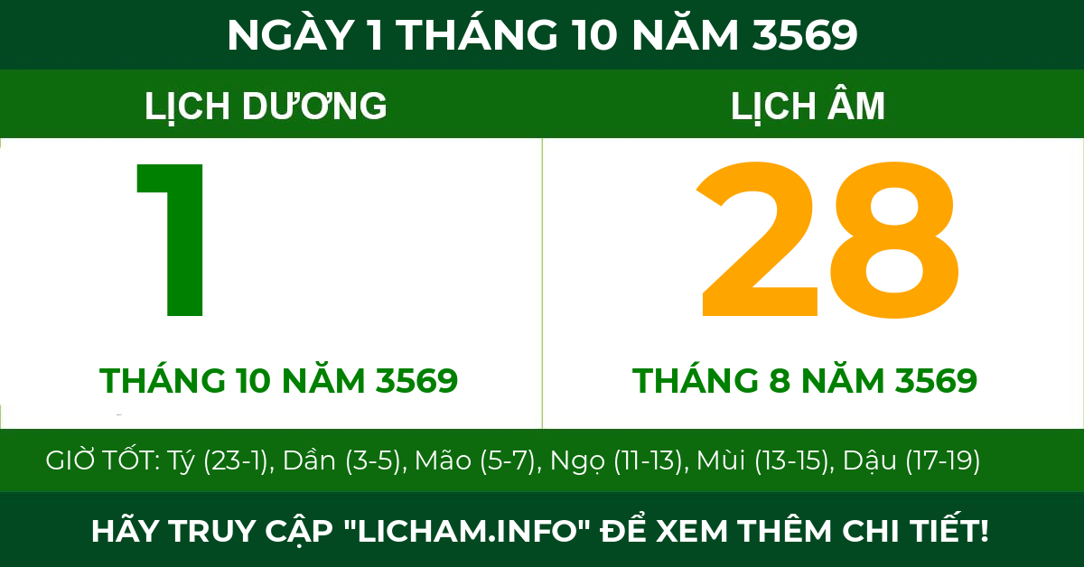 lịch âm ngày 1 tháng 10 năm 3569