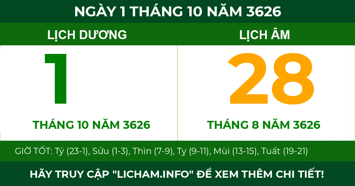 lịch âm ngày 1 tháng 10 năm 3626
