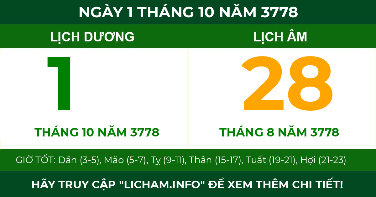 lịch âm ngày 1 tháng 10 năm 3778