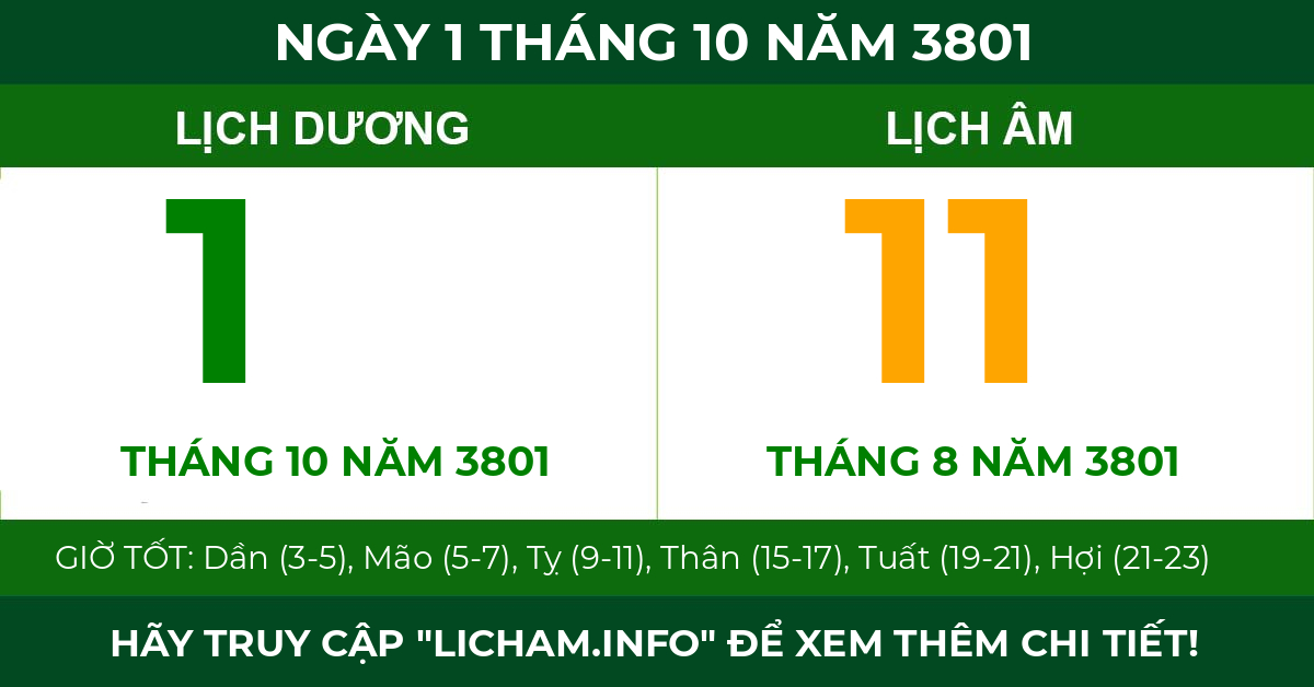 lịch âm ngày 1 tháng 10 năm 3801