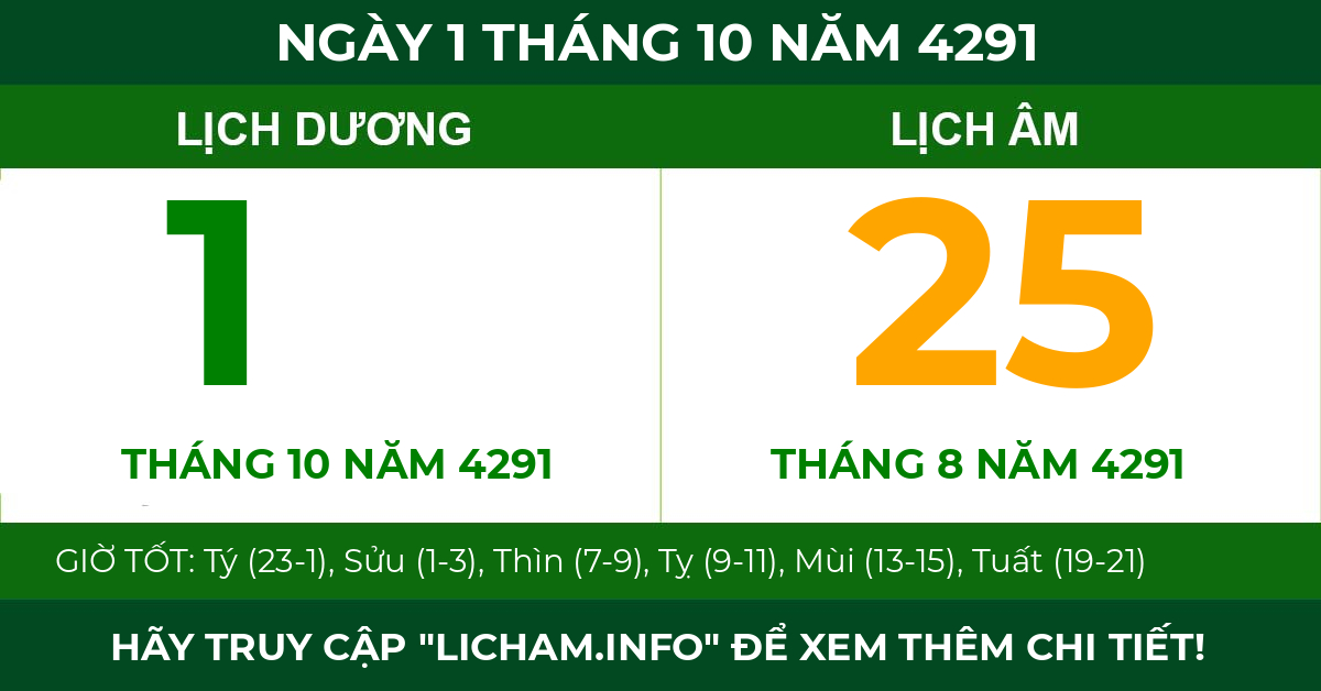 lịch âm ngày 1 tháng 10 năm 4291