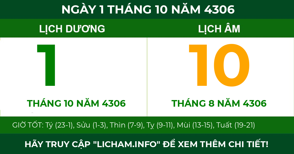 lịch âm ngày 1 tháng 10 năm 4306