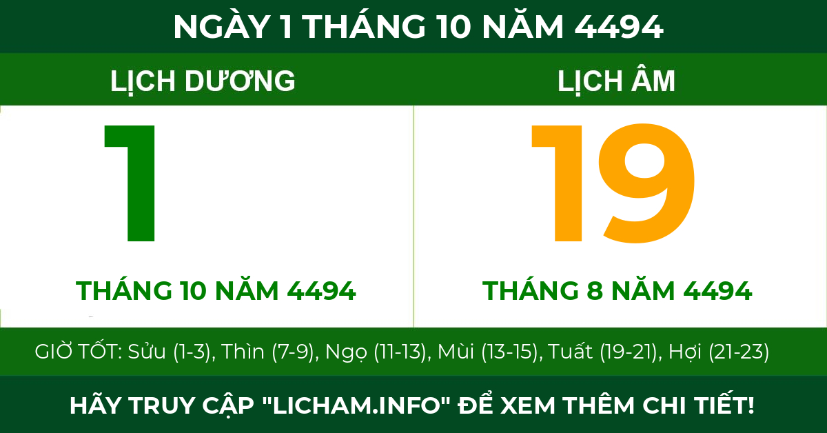 lịch âm ngày 1 tháng 10 năm 4494