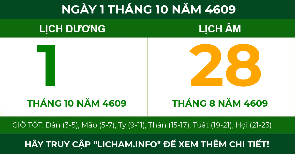 lịch âm ngày 1 tháng 10 năm 4609