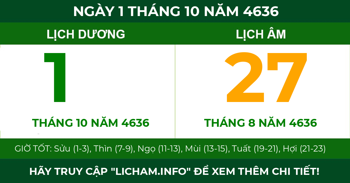 lịch âm ngày 1 tháng 10 năm 4636