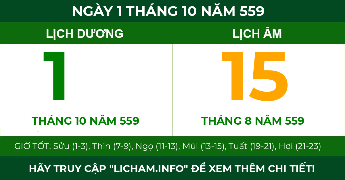 lịch âm ngày 1 tháng 10 năm 559
