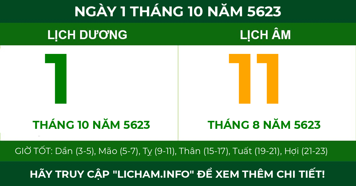 lịch âm ngày 1 tháng 10 năm 5623