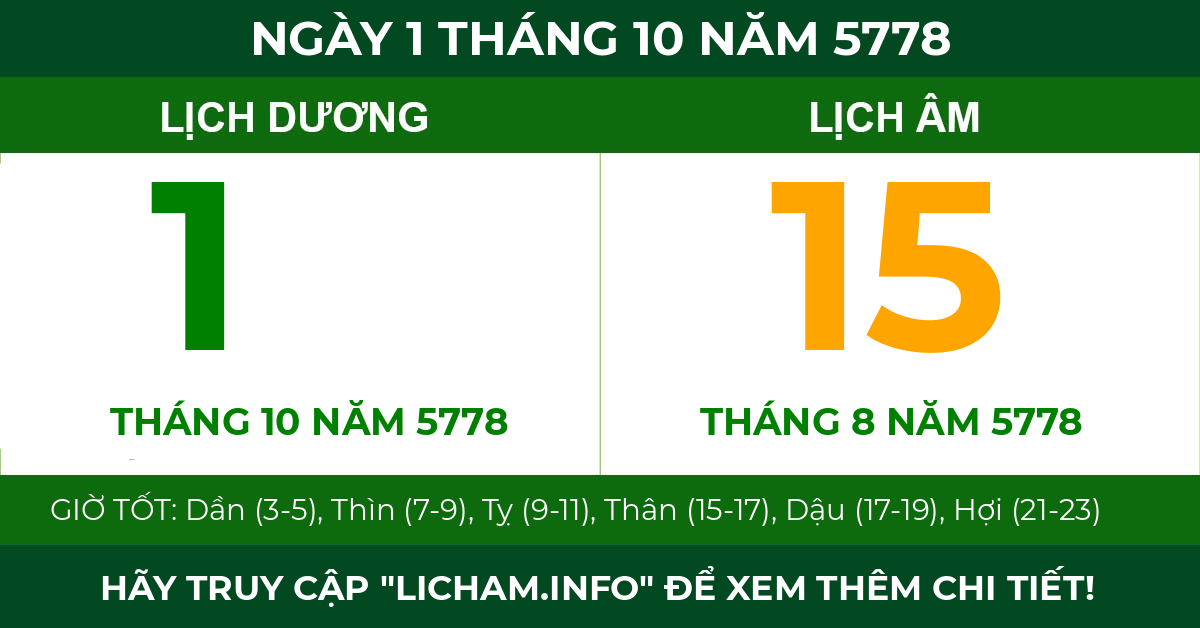 lịch âm ngày 1 tháng 10 năm 5778