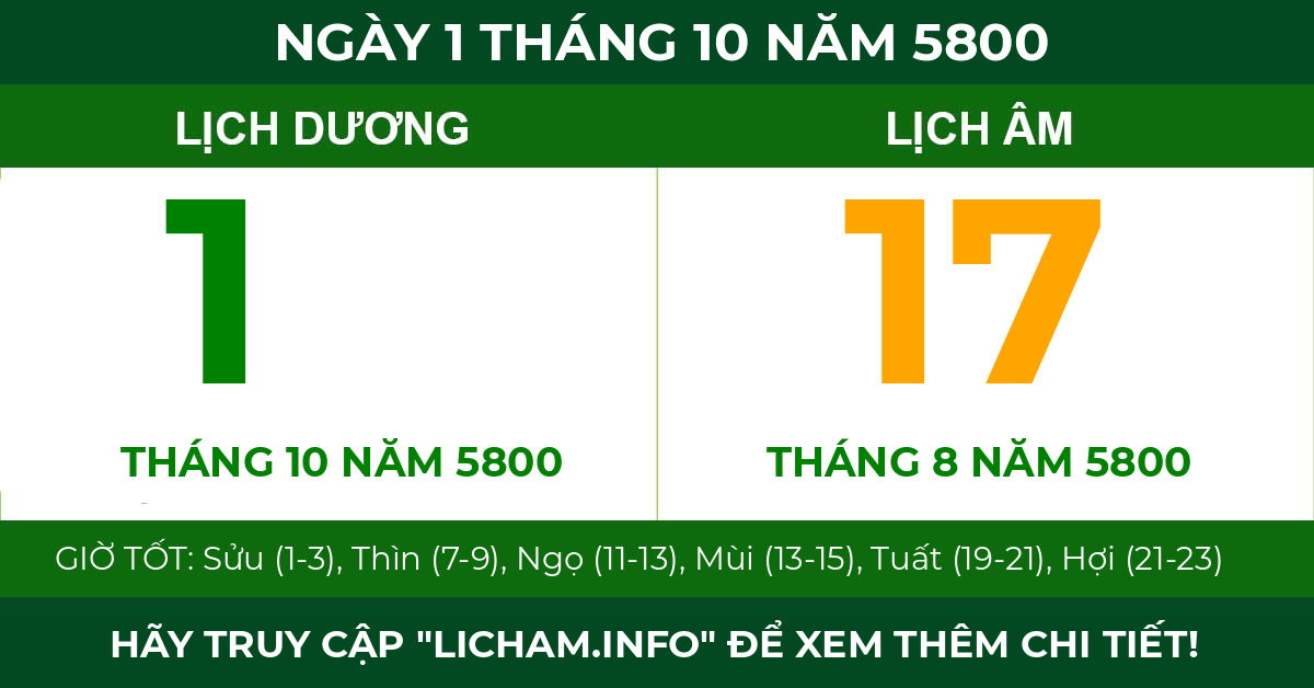 lịch âm ngày 1 tháng 10 năm 5800