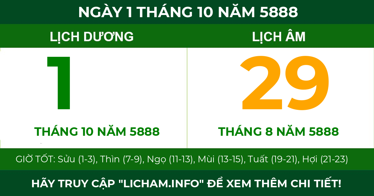 lịch âm ngày 1 tháng 10 năm 5888