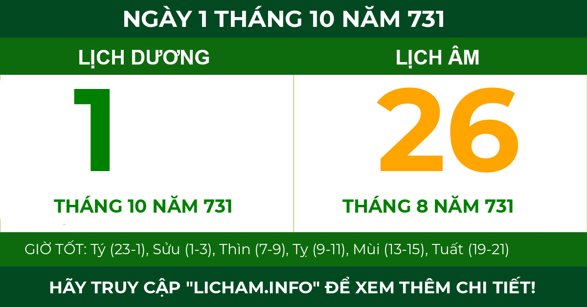 lịch âm ngày 1 tháng 10 năm 731