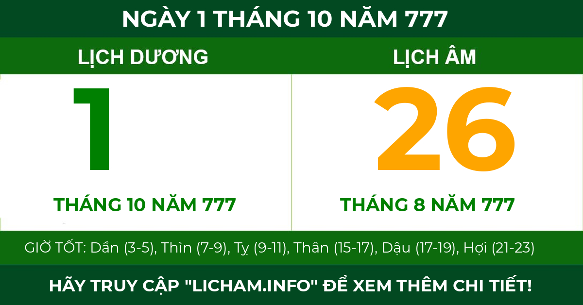 lịch âm ngày 1 tháng 10 năm 777